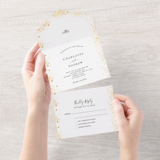Witte goudglitter elegant bruiloft rsvp all in one uitnodiging (Afscheurbaar)