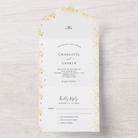 Witte goudglitter elegant bruiloft rsvp all in one uitnodiging (Binnen)