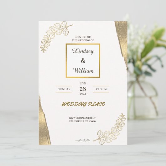 Witte goudglitter elegant huwelijksuitnodiging kaart (Staand voorkant)