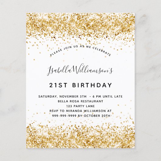 Witte goudglitter verjaardagsbudgetuitnodiging flyer (Voorkant)