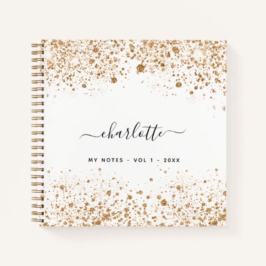 Witte goudglitternaam glamoureus notitieboek (Voorkant)