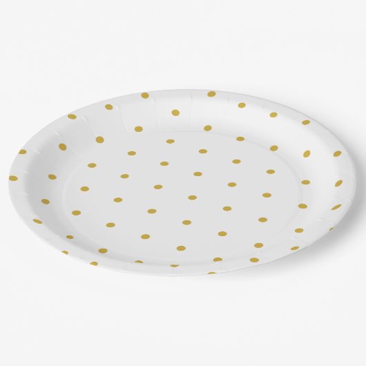 Witte goudkleurige polka stippen papieren bordje (Gekanteld)