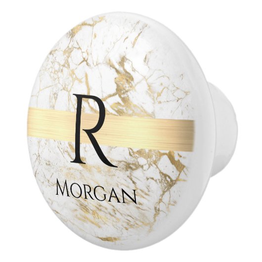 Witte/goudmarmer, goudbalk, zwarte naam en monogra keramische knop (Rechts)
