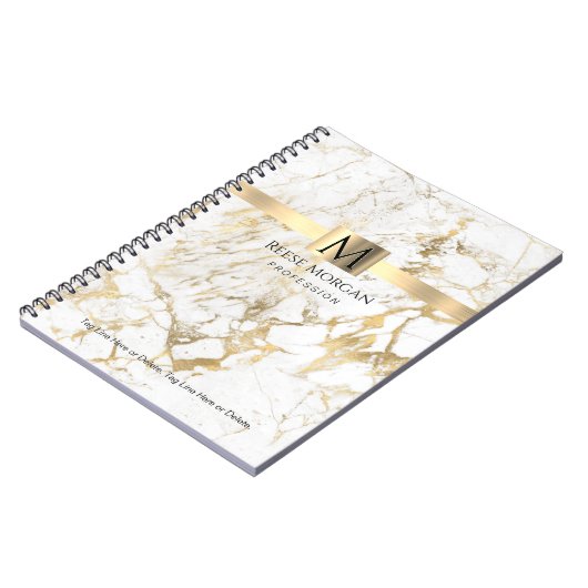 Witte/goudmarmer, naam & monogram, beroep notitieboek (Linkerzijde)