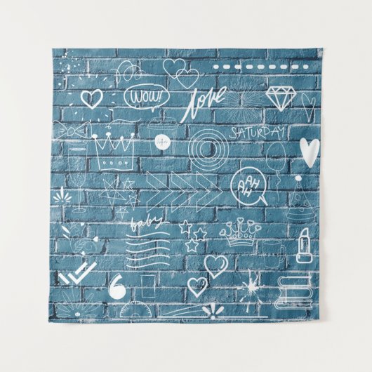 Witte graffiti op blauwe muur moderne tekstkunst wandkleed (Voorkant)