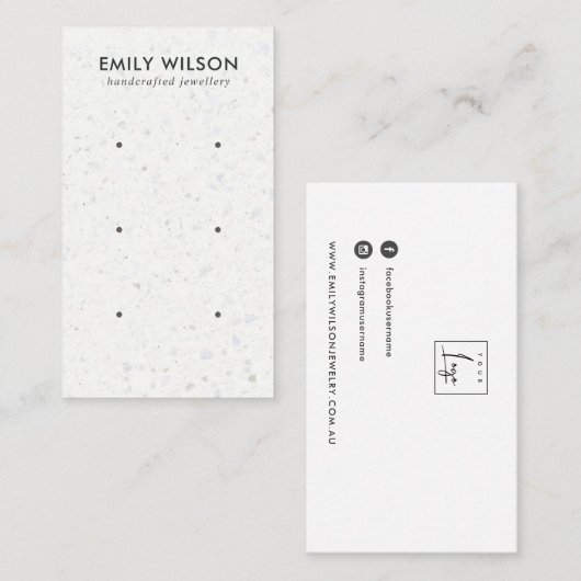 WITTE GRAY TERRAZZO 3 STUD EARRING DISPLAY CARD VISITEKAARTJE (Voorkant / Achterkant)