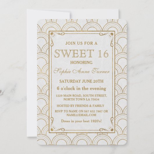Witte Great Gatsby Art Deco Gouden Sweet 16 Uitnod Kaart (Voorkant)