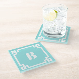 Witte Griekse Sleutelrand Monogram Aqua Blauw Glazen Onderzetter