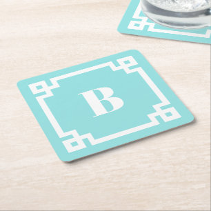 Witte Griekse Sleutelrand Monogram Aqua Blauw Kartonnen Onderzetters