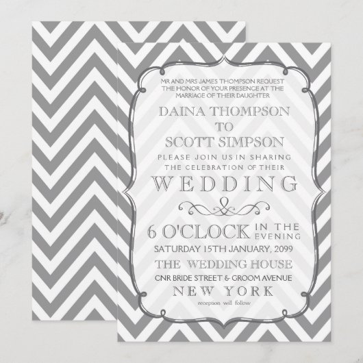 Witte Grijs Moderne Typografie Chevron Wedding Kaart (Voorkant / Achterkant)