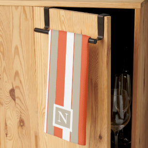 Witte Grijs Oranje Strepen Monogram Theedoek