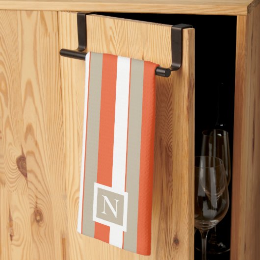Witte Grijs Oranje Strepen Monogram Theedoek (Derde Gevouwen)