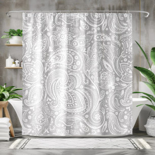Witte & Grijze Bloemen Paisley Kant Patroon Douchegordijn