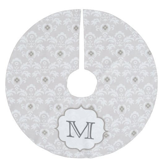 Witte grijze Damask Initiaal Monogram Kerstboom Rok (Voorkant)