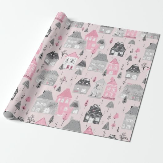 Witte grijze kersthuizen op roze cadeaupapier (Uitgerold)