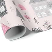Witte grijze kersthuizen op roze cadeaupapier (Rol Hoek)