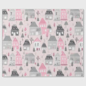 Witte Grijze Kersthuizen op Roze Cadeaupapier (Vlak)