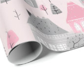 Witte Grijze Kersthuizen op Roze Cadeaupapier (Rol Hoek)