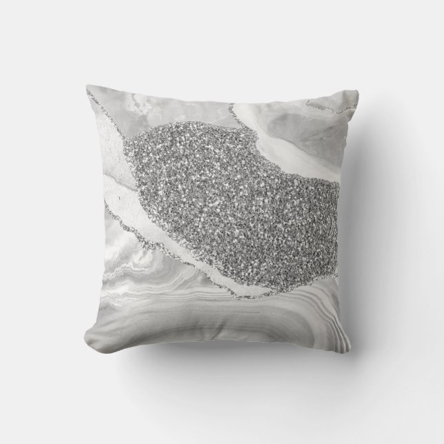 Witte Grijze Zilveren Glitter Luxe Agate Geode Kussen (Voorkant)