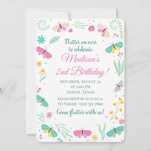 Witte grillige tuin vlinder meisjes verjaardag kaart (Voorkant)