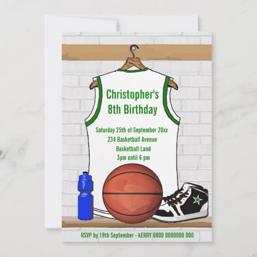 Witte Groene Basketbal Jersey Verjaardagsfeestje Kaart (Achterkant)