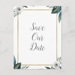 Witte groene bladeren Anemone Floral Save the Date Aankondigingskaart