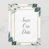 Witte groene bladeren Anemone Floral Save the Date Aankondigingskaart (Voorkant / Achterkant)