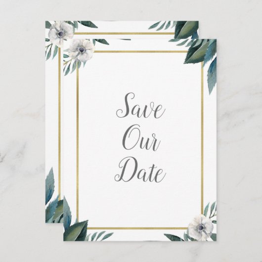 Witte groene bladeren Anemone Floral Save the Date Aankondigingskaart (Voorkant / Achterkant)