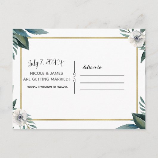 Witte groene bladeren Anemone Floral Save the Date Aankondigingskaart (Achterkant)