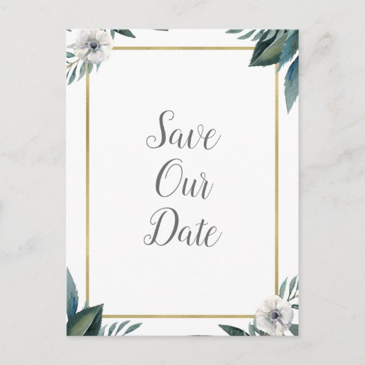 Witte groene bladeren Anemone Floral Save the Date Aankondigingskaart (Voorkant)