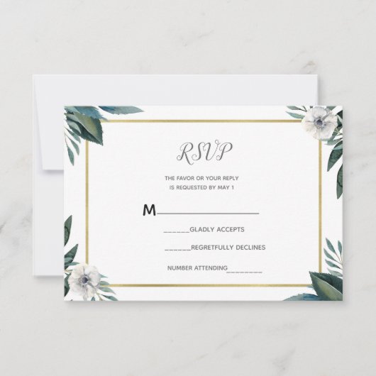 Witte Groene Bladeren Anemoon Bloemen RSVP Antwoor Kaartje (Voorkant)