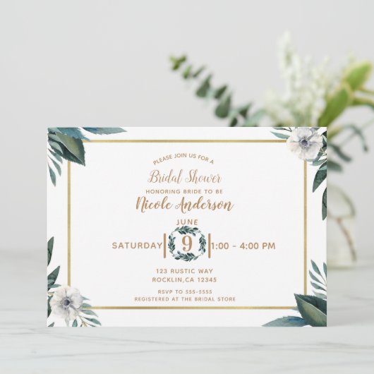 Witte Groene Bladeren Anemoon Bloemrijke Bruidsont Kaart (Staand voorkant)