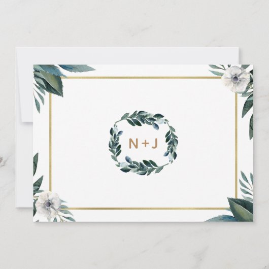 Witte Groene Bladeren Anemoon Bloemrijke Bruidsont Kaart (Achterkant)