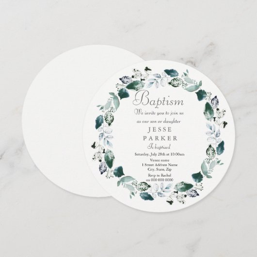 Witte groene bladkrans Jongen Meisje Doop Uitnodig Kaart (Voorkant / Achterkant)