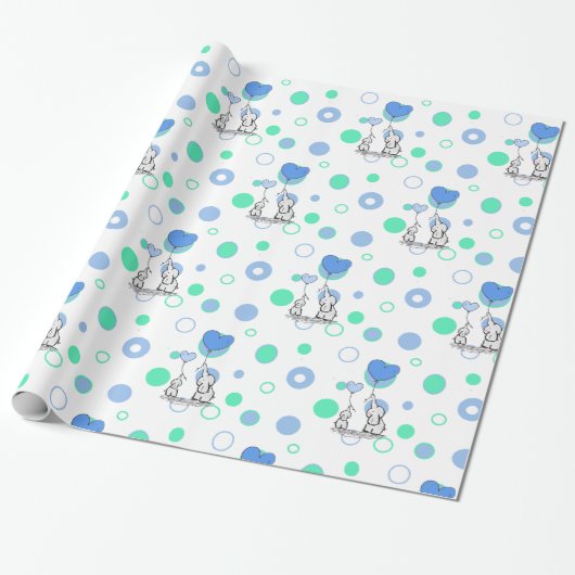 Witte Groene Blauwe Olifanten Met Ballonnen Gift W Cadeaupapier (Uitgerold)