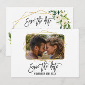 Witte groene bloem gouden lijst foto save the date (Voorkant / Achterkant)