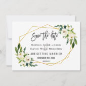Witte groene bloem gouden lijst foto save the date (Achterkant)