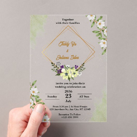 Witte Groene Bloemen Acryl Huwelijksuitnodigingen Acryl Uitnodigingen (Insitu (Draagbaar))