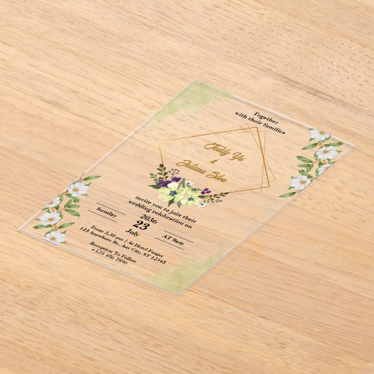 Witte Groene Bloemen Acryl Huwelijksuitnodigingen Acryl Uitnodigingen (Laagn)