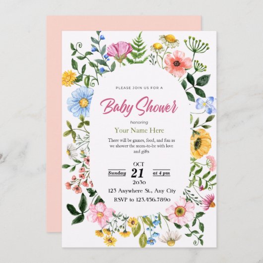 Witte & Groene Bloemen Baby Douche Uitnodigingen M (Voorkant / Achterkant)
