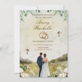 Witte groene bloemen huwelijksfeest uitnodiging (Voorkant)