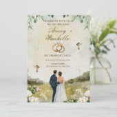 Witte groene bloemen huwelijksfeest uitnodiging (Staand voorkant)