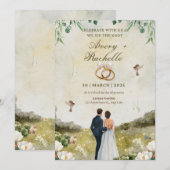 Witte groene bloemen huwelijksfeest uitnodiging (Voorkant / Achterkant)