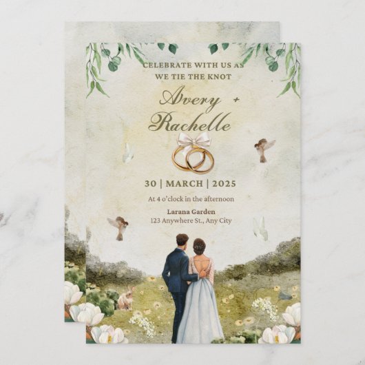 Witte groene bloemen huwelijksfeest uitnodiging (Voorkant / Achterkant)