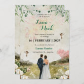 Witte & Groene Bloemen Huwelijksuitnodiging Kaart (Voorkant / Achterkant)