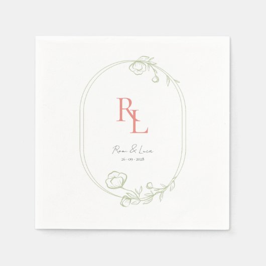 Witte Groene Bloemen Monogram Bruiloft Servetten (Voorkant)
