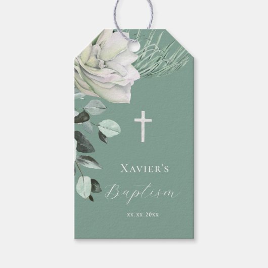 witte groene boeket Doop Cadeaulabel (Voorkant)