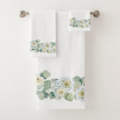 Witte groene delicate waterverf rozen bladeren bad handdoek (Insitu)
