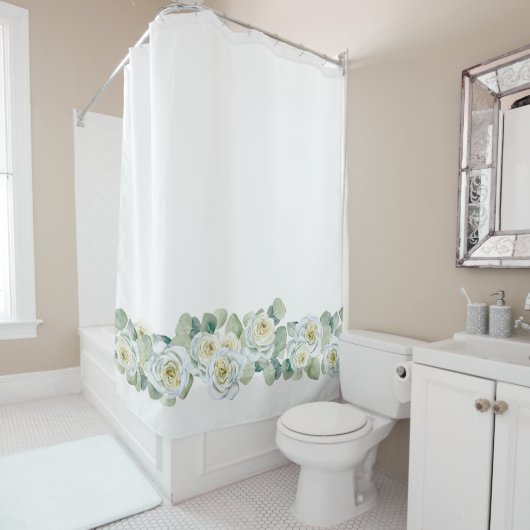 Witte groene delicate waterverf rozen bladeren douchegordijn (In situ)