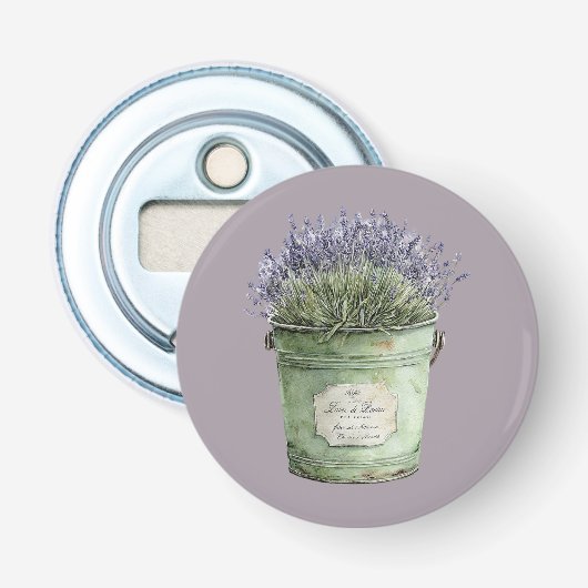 Witte Groene Emmer Lavendel Bloemen Button Flesopener (Voorkant)